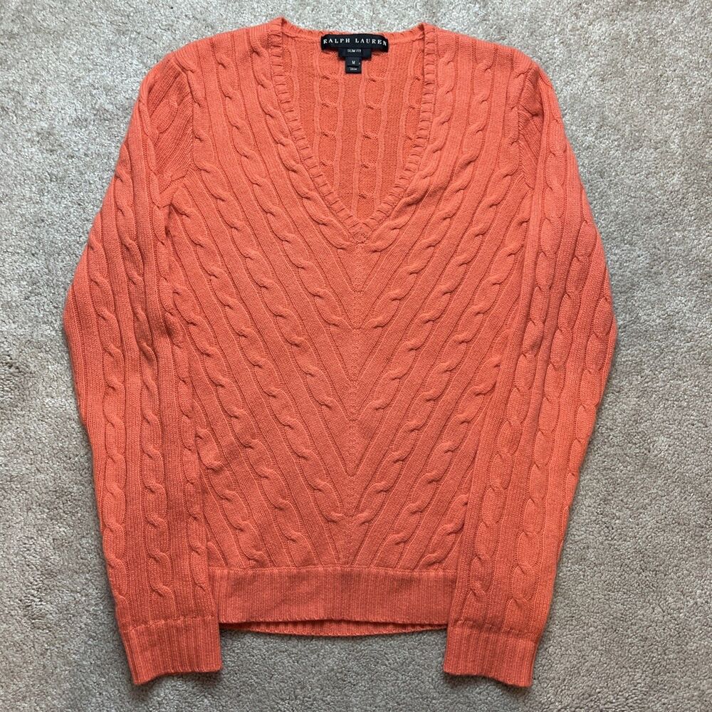 Ralph Lauren Sweater Womens Medium Black Label 100% Cashmere Slim Fit Cableknit